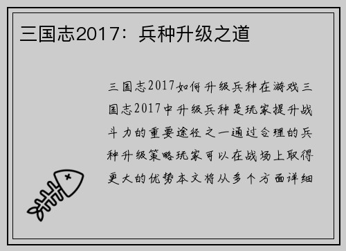 三国志2017：兵种升级之道